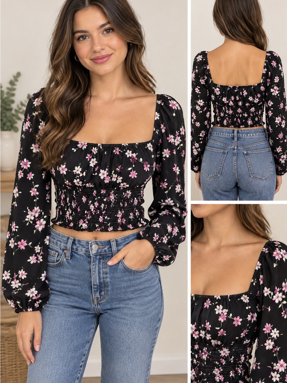Black Floral Smocked Square-Neck Crop Top with Long Sleeves